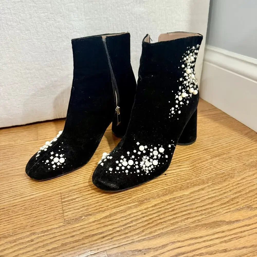 Zara Velvet Embellished Pearl Rhinestone Quiet Luxury Zip Up Ankle Bootie EU 38